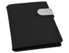 A black portfolio with a silver clasp, featuring a sleek design suitable for office use.