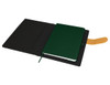 A green notebook inside a black portfolio with a yellow accent. The portfolio has an interior pocket.