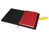 A black portfolio featuring a red notebook, with a yellow tab. Includes an inner pocket for storage.