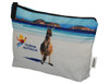 A toiletry/makeup bag featuring a kangaroo and beach scene, with a zipper closure and a logo. Predominantly in white and blue.