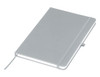 A grey A5 notebook with a soft cover, elastic band, and a ribbon bookmark, featuring a logo on the cover.