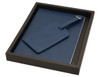 A blue travel journal set with a matching luggage tag, presented in a sleek black box.