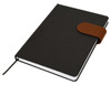 A black A5 notebook with a brown elastic band closure and a ribbon bookmark. Features a logo on the cover.