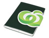 A green A5 portfolio with a curved logo design on the front. The portfolio features a sleek finish and a notepad inside.