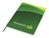 A green A5 portfolio with a curved design and a logo on the front. It features a ribbon bookmark.