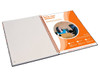 A side-bound A4 notebook with orange and white graphics, featuring blank pages and a branding logo.