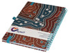 A side-bound A5 notebook featuring a colourful, patterned cover and a blue spiral binding. It includes a logo.