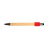A Shark Spinner Pen featuring a wooden barrel, black tip, and a red cap. It has a logo on the design.