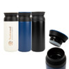 A double wall coffee cup with a black lid, available in white, blue, and black, featuring a logo on one side.