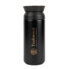 A double wall coffee cup in matte black with a lid and a logo. Features a sleek, modern design.