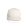 A white mesh trucker cap with a solid front panel and a curved brim, featuring an unobtrusive logo.