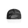 A black trucker cap featuring a mesh back and adjustable snap closure, designed for comfortable wear.