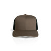Brown trucker cap with mesh sides and a curved peak, featuring a logo on the front.
