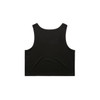 A black crop singlet featuring a simple, sleeveless design and a logo on the back.