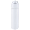 A drink bottle in white recycled stainless steel with a transparent flip straw lid and a logo.