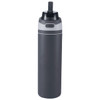 A drink bottle in grey with a flip straw lid and a logo on the side. Suitable for recycled stainless steel.