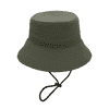 A green bucket hat with a wide brim and an adjustable chin strap. It features a logo on the side.