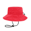 A red bucket hat with a wide brim, featuring a drawstring for adjustment and a logo on the side.