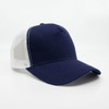 A navy blue trucker cap with a white mesh back and a curved brim, featuring a branded logo.