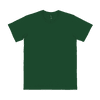 A dark green adult t-shirt with short sleeves, featuring a logo on the inside tag.