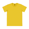 A yellow adult t-shirt with a round neckline and short sleeves, featuring a logo.