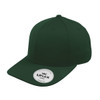 A green classic 6 panel cap with a rounded crown and a flat brim, featuring a logo on the front.