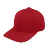 A classic red six-panel cap with a rounded crown and a stiff peak, featuring a logo on the front.