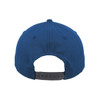 A blue 5 panel cap featuring a snapback closure and a plain design at the back. It has a branded logo.