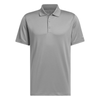 A grey Adidas men's recycled performance polo shirt with a collar and short sleeves, featuring a logo.