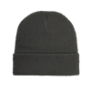 A grey knitted beanie with a cuffed design, made from recycled polyester. It features a logo.