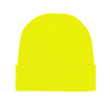 A bright yellow knitted beanie with a cuffed design, made from recycled polyester. Features a logo.