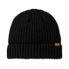 A rib knitted cuffed beanie in black, featuring a small branded tag.