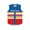 A sleeveless baseball jersey featuring blue, red, and striped designs in various colours, with a logo on the front.