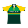 A green, yellow, and dark green Cricket Raglan Polo with a collar and a logo on the front.