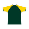 A green and yellow cricket raglan polo shirt featuring a logo.