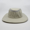 A light beige sun hat with a wide brim and mesh detailing at the crown, featuring a logo.