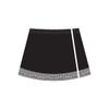 A black skirt featuring a decorative patterned hem and a side slit. The design includes a logo or branding element.