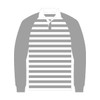 A long-sleeved rugby jersey with grey and white stripes and a collared neckline, featuring a logo.
