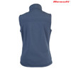 A navy blue ladies' softshell vest featuring a high collar and no sleeves, with a logo on the top right.