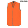 An orange youth safety vest with grey trim, featuring a sleeveless design and a branding logo.