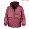A maroon Youth Core Dri-Warm & Lite Jacket features a zip front and elastic cuffs, with a logo on the upper corner.