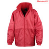 A red Youth Core Dri-Warm & Lite Jacket with a zip front and a textured inner collar. It features an emblem.