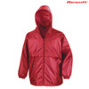 A red windcheater jacket with a hood and elastic cuffs, featuring a logo on the top right.