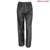 Black youth rain trousers with an elasticated waistband and a logo on the upper right.