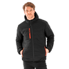 A padded winter jacket in black with orange accents, featuring a zippered front and pockets, worn by a smiling model.