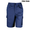 A pair of navy blue work shorts with a cargo design and a branded logo on the side.