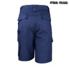 A pair of navy blue work shorts with multiple pockets and a branded logo on the top right corner.