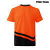An orange and black t-shirt with a curved design and a logo, suitable for workwear.