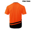 An orange and black work t-shirt featuring a logo, shown from the back view.