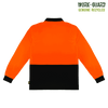 A long-sleeve polo shirt in high-visibility orange with a black bottom section and a logo.